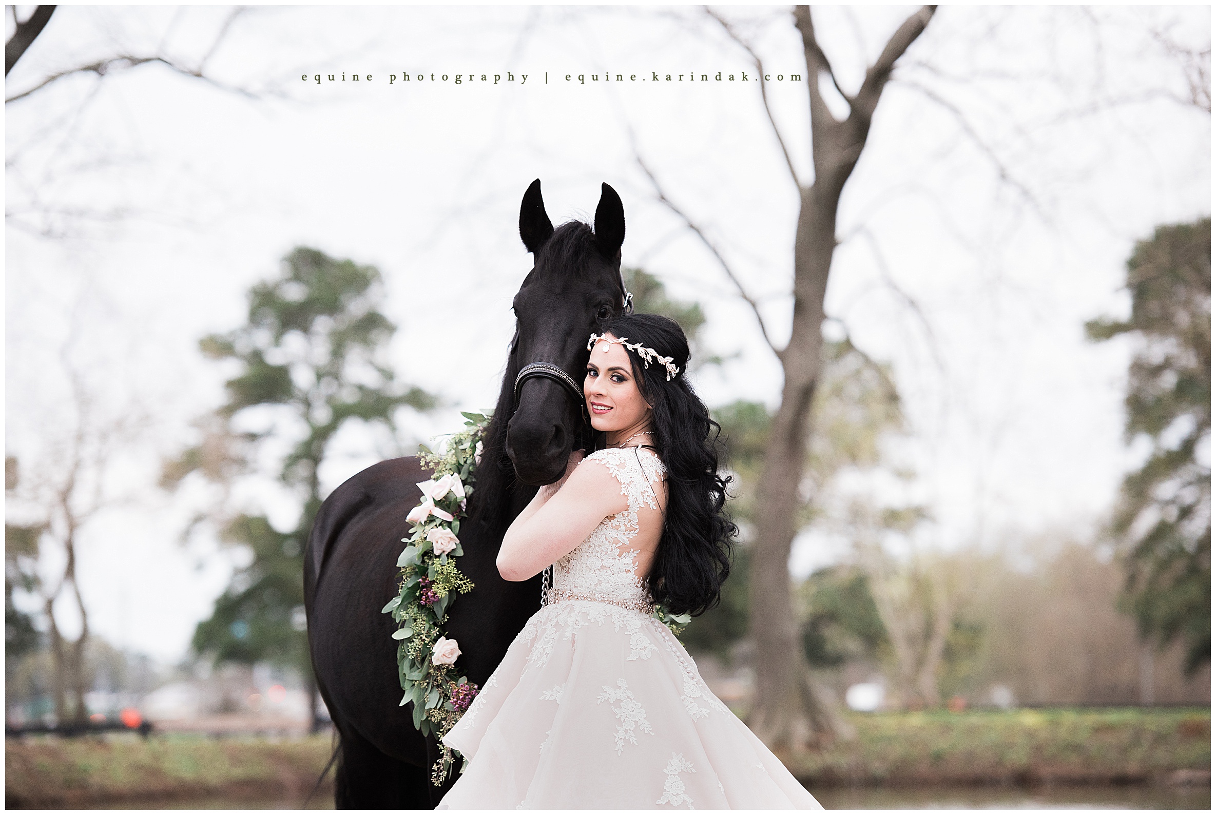 Bridal Portraits with Friesian and Floral Garland Great Dallas,TX Horse Photographer