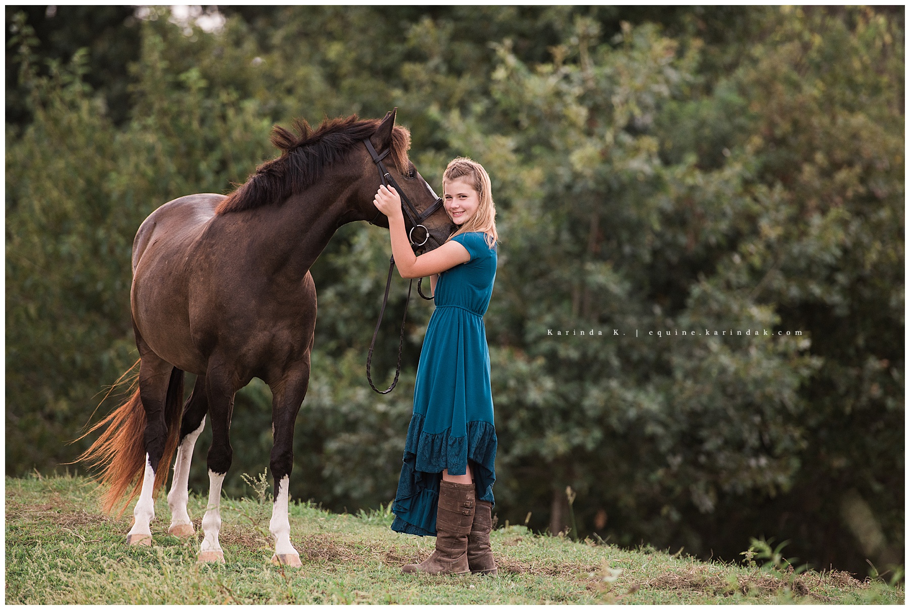 outdoor horse and rider portrait wearing casual sundress and boots with braid 