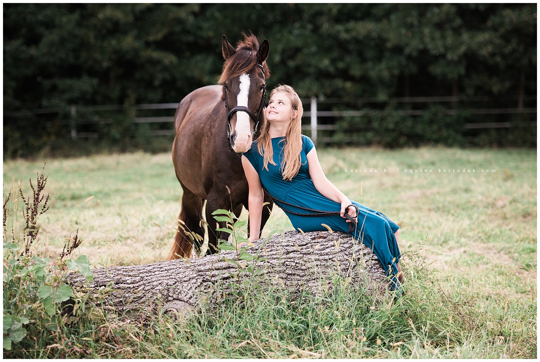 horse and rider outdoor portrait sitting on log pose idea