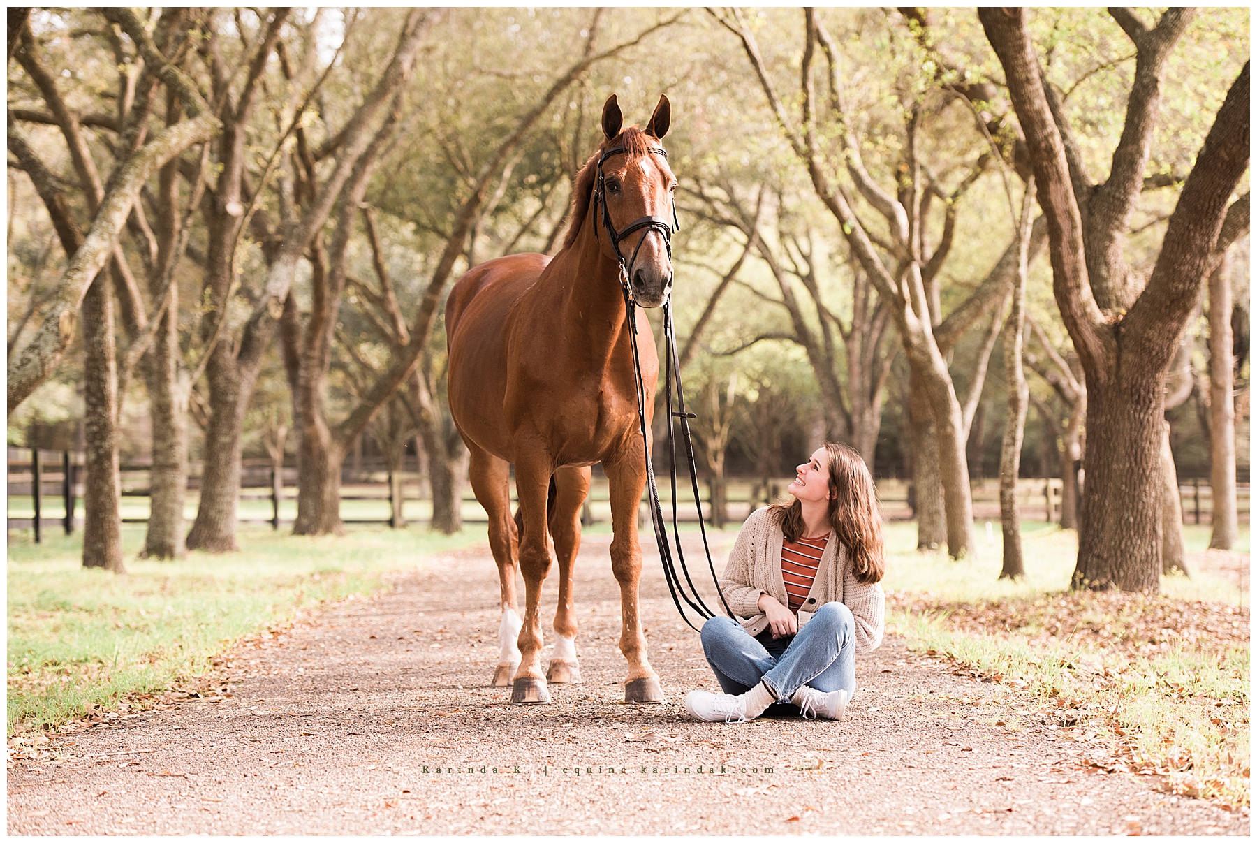 horse and rider outdoor portrait poses rider sitting on driveway 