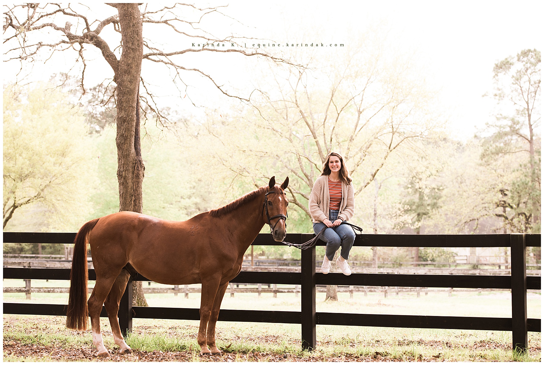 horse and rider portraits outdoor sitting on fence pose idea