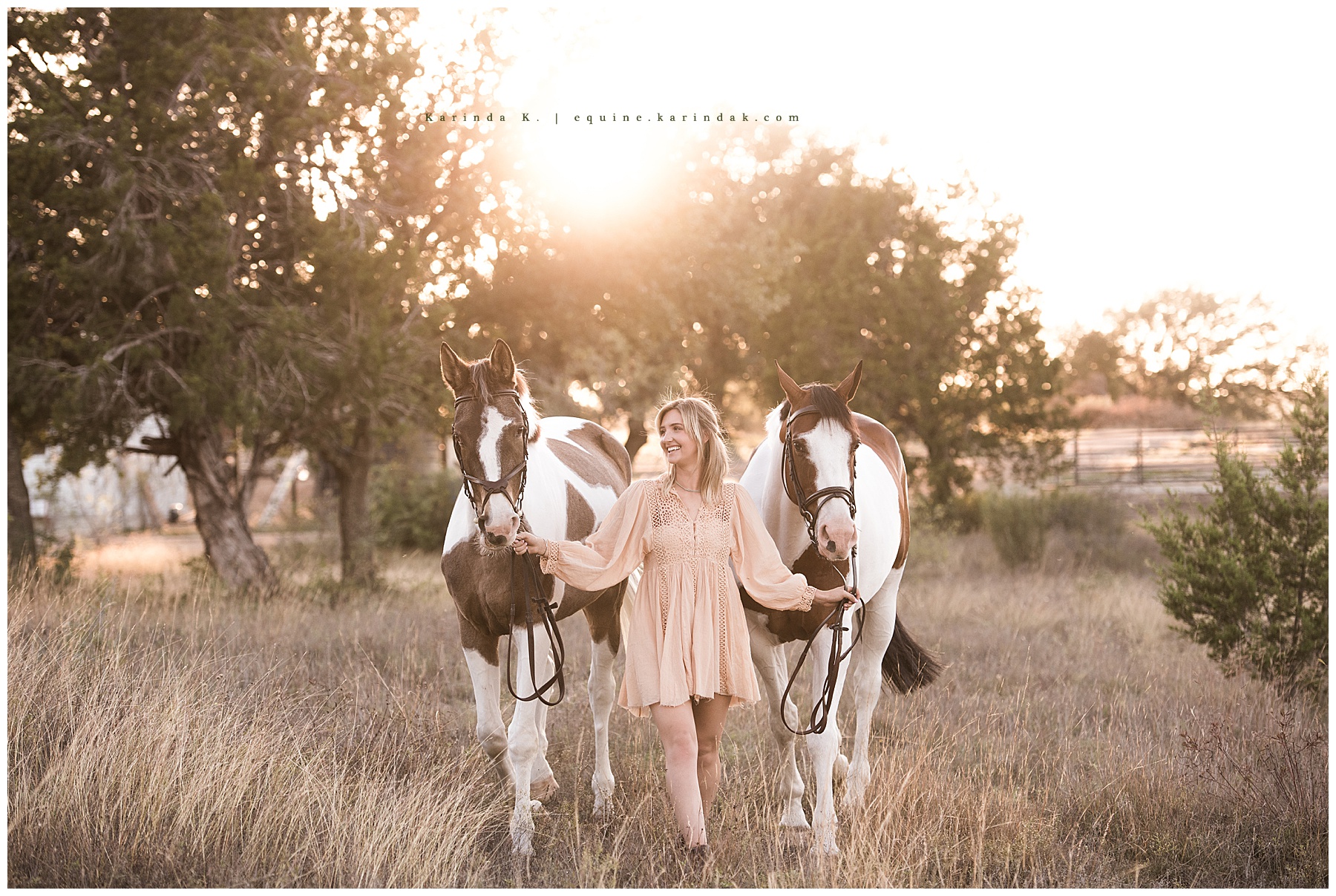 walking with horses poses in field for portraits 