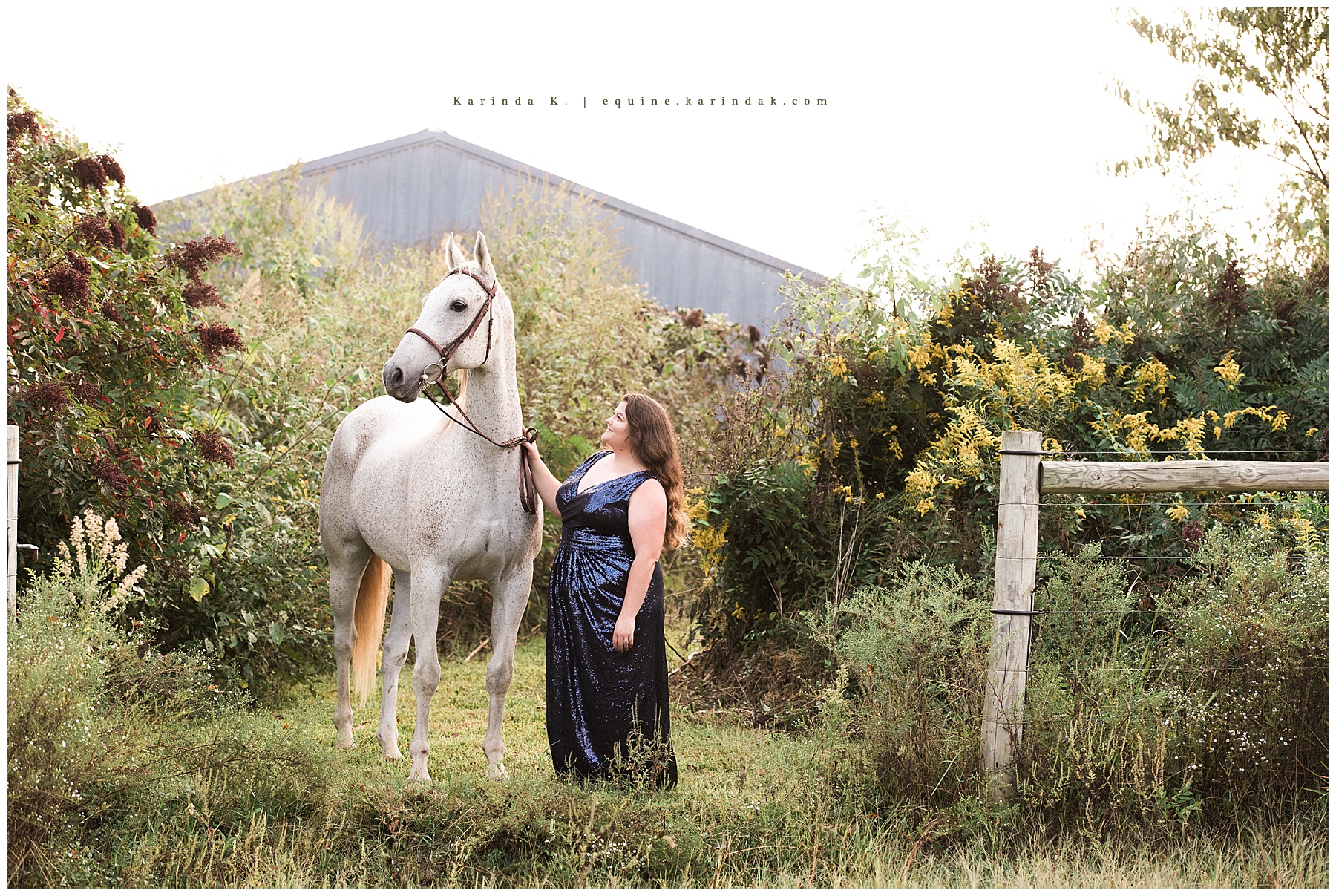 horse and rider portrait grey horse girl in ballgown with lots of greenery 