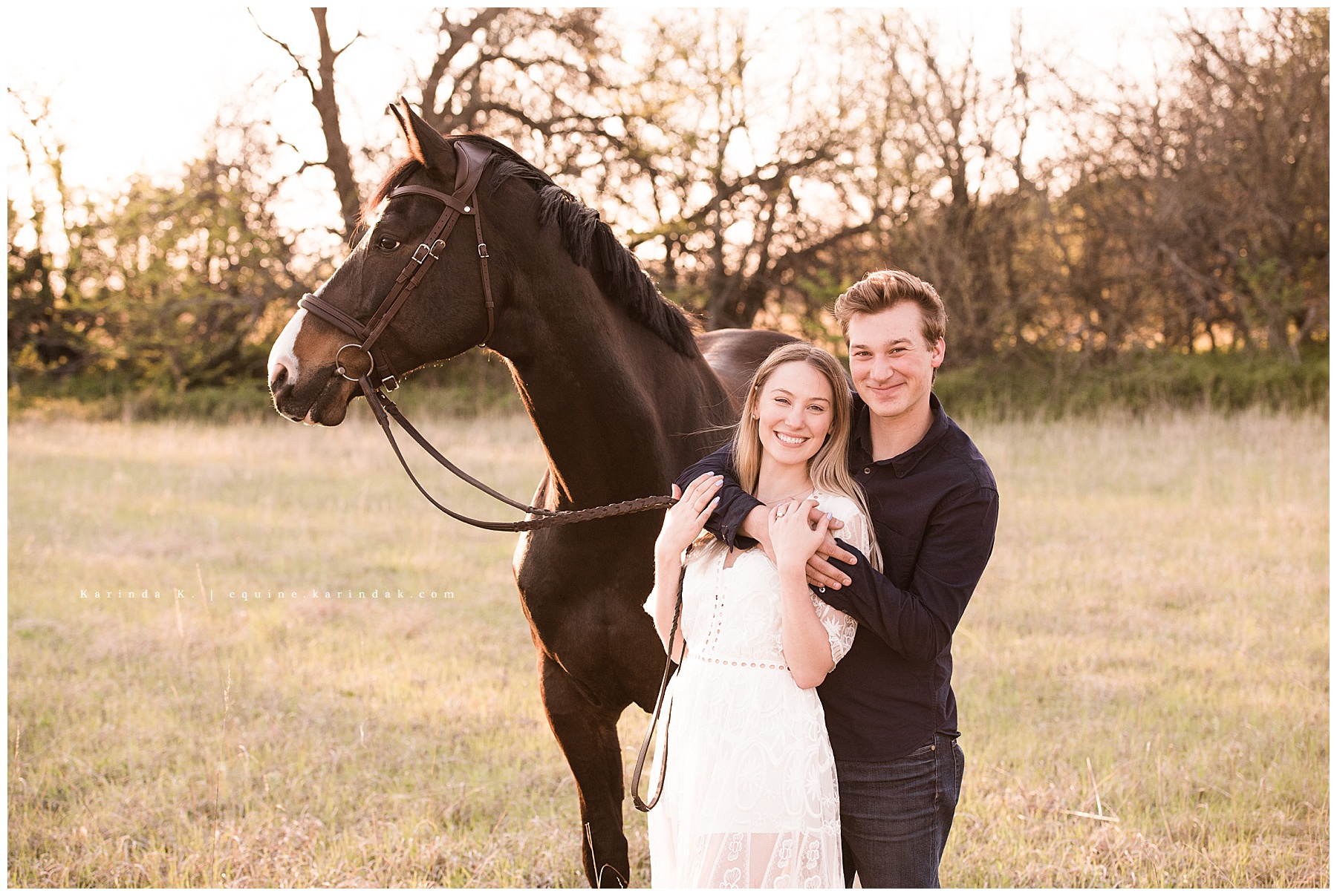 outdoor hugging couples portrait with horse 