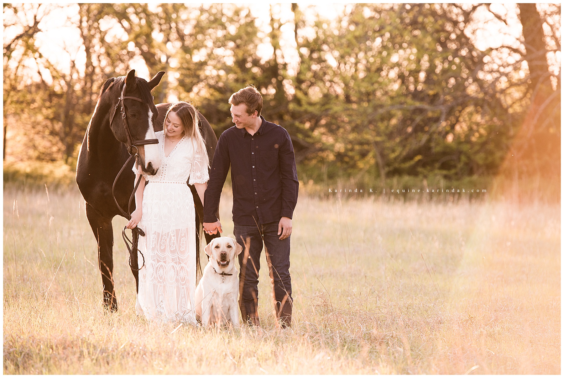 outdoor couple portrait with horse and dog in field Towanda, KS